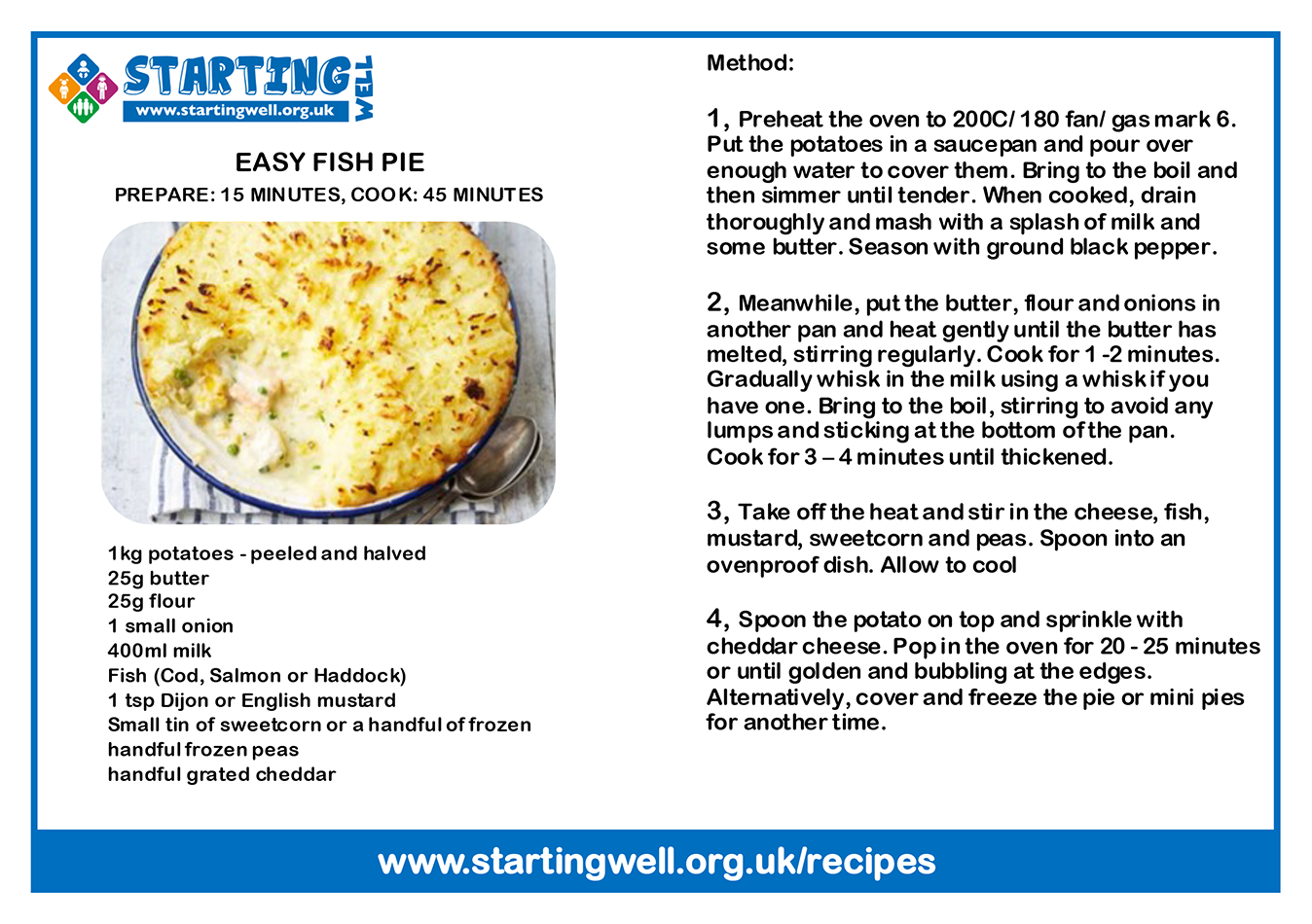 A recipe card for an Easy Fish Pie. Click to download PDF.