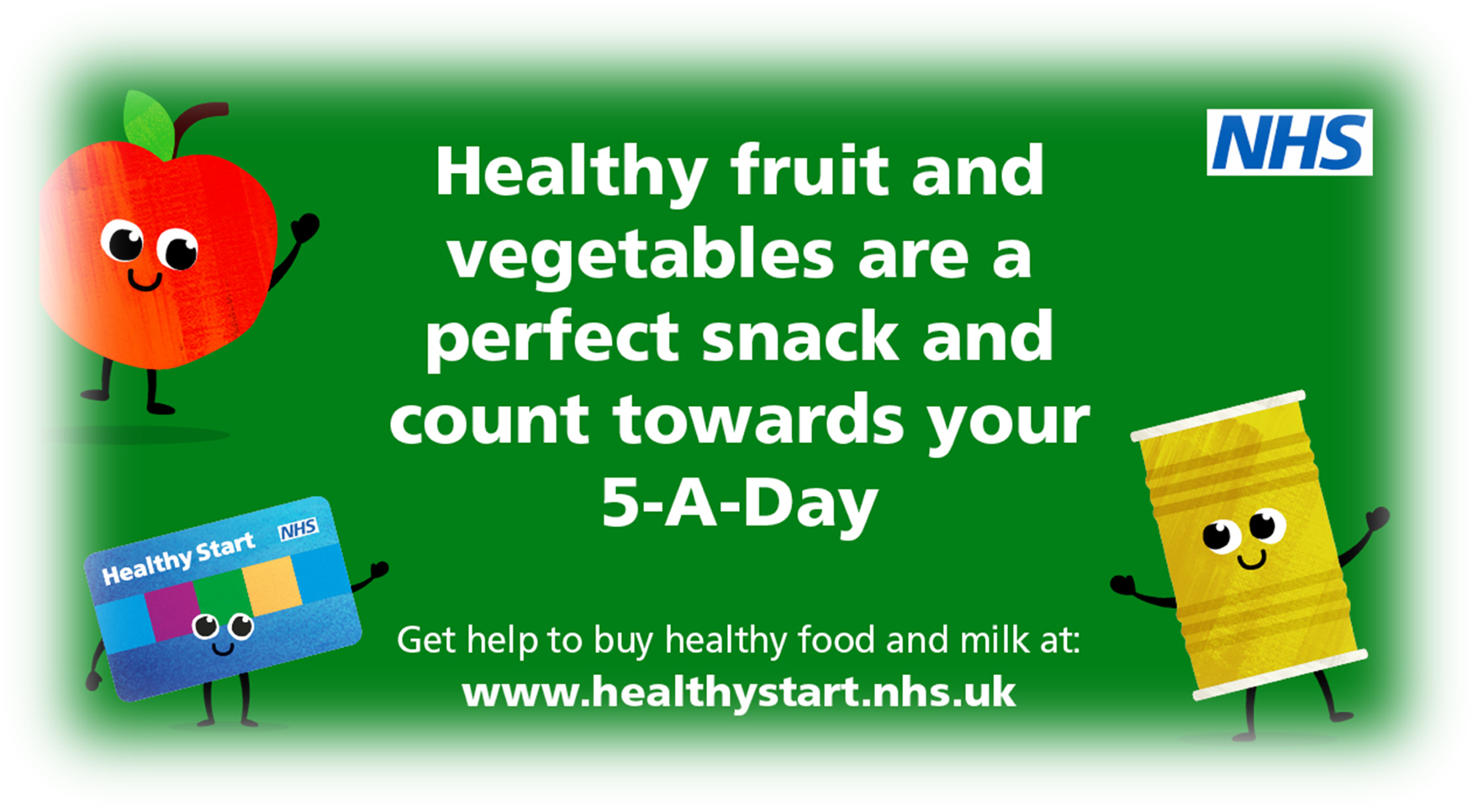 Promotion for Healthy Start Vitamins. image includes a picture of an apple, a food tin and a payment card