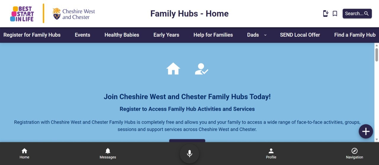 Screenshot of Cheshire West and Chester Family Hubs home page, promoting registration for free family support and activities. Blue header includes Family Hubs branding, navigation links, home and user icons, search button, registration call-to-action