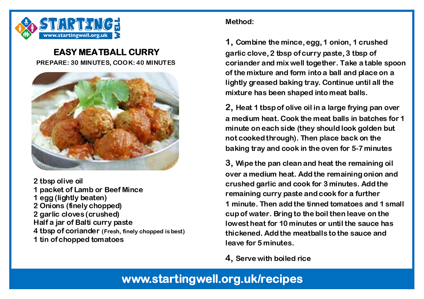 A recipe card for an Easy Meatball Curry. Click to download PDF.