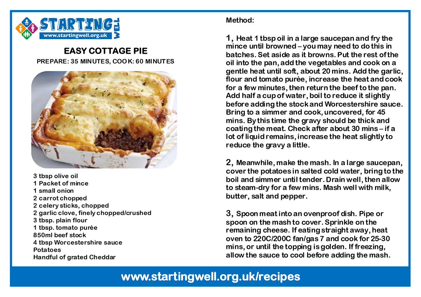 A recipe card for an Easy Cottage Pie. Click to download PDF.