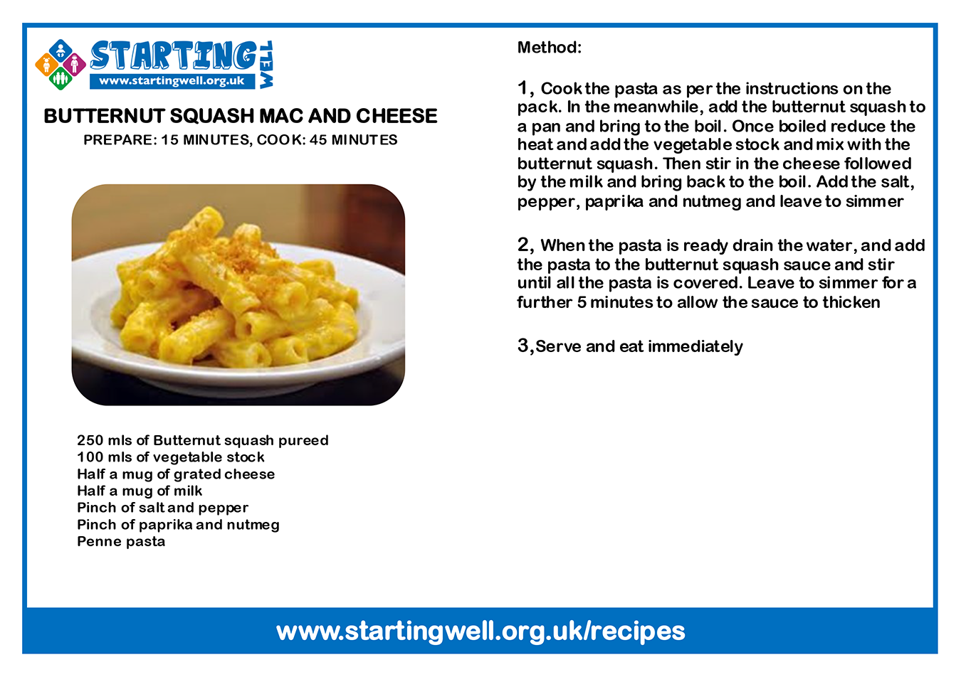 A recipe card for an Easy Macaroni Cheese. Click to download PDF.