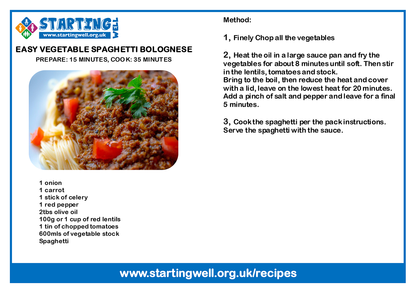 A recipe card for an Easy Spaghetti Bolognese. Click to download PDF.