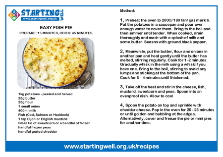 A recipe card for an Easy Fish Pie. Click to download PDF. 
