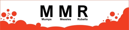 Banner shows red spots and a line around a white backdrop. The words read, M Mumps, M Measles, R Rubella