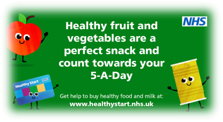 Promotion for Healthy Start Vitamins. image includes a picture of an apple, a food tin and a payment card