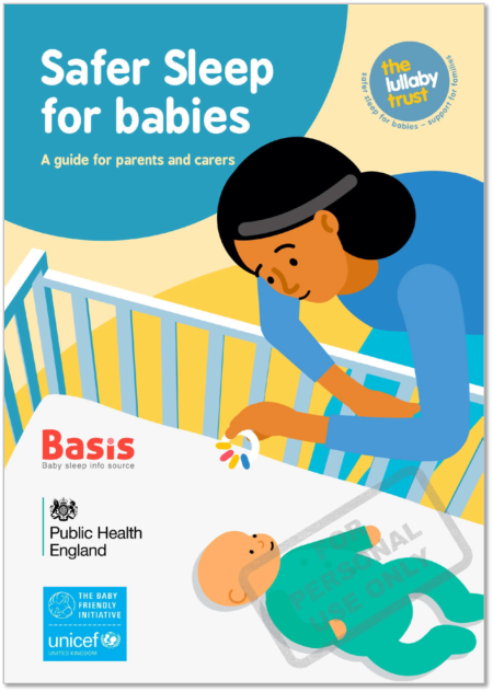 images of a mother looking over in to babies cot with the heading, safer sleep for babies