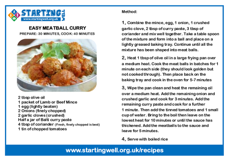 A recipe card for an Easy Meatball Curry. Click to download PDF. 