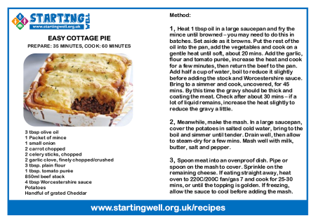 A recipe card for an Easy Cottage Pie. Click to download PDF. 
