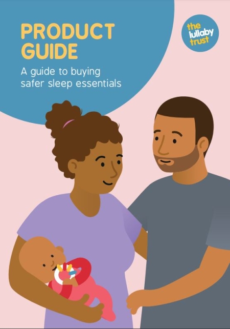 image of dad and a mum. mum holding baby, with title product guide, a guide to buying safer sleep essentials