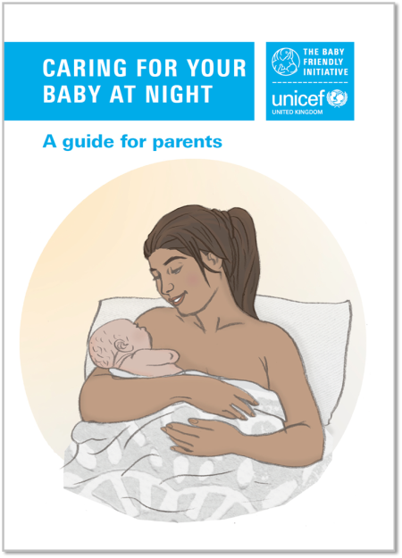 image of a mother in bed holding her baby in her arms with the title, caring for your baby at night