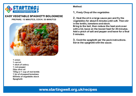 A recipe card for an Easy Spaghetti Bolognese. Click to download PDF. 