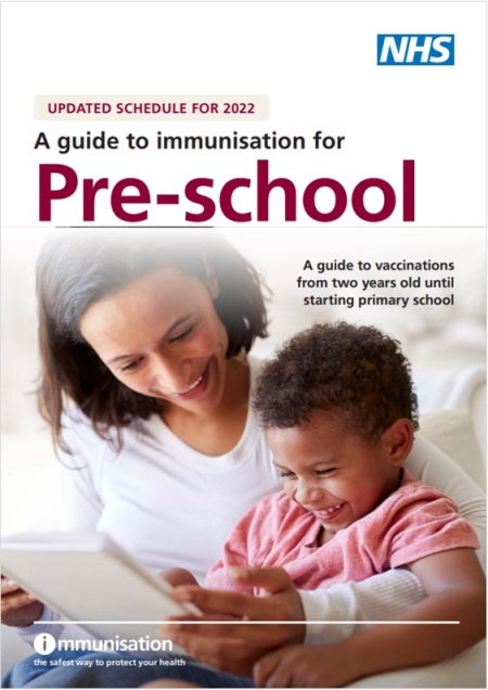 image of a mum sat with her child. Title, a guide to immunisations for pre-school