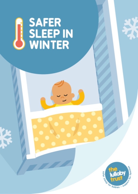 image of baby sleeping on its back in a cot with title, safer sleep in winter