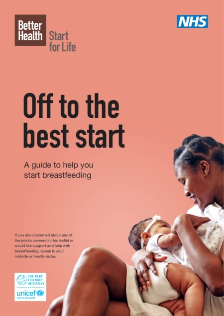 NHS Breastfeeding Leaflet showing a mum breastfeeding her baby. The leaflet title is, Off To The Best Start. 
